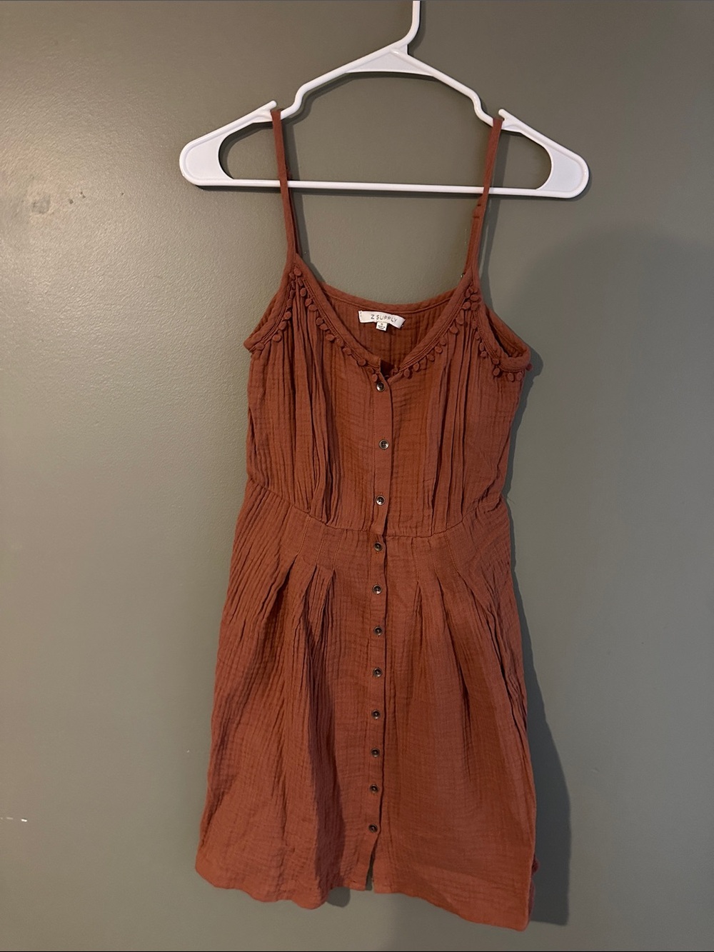 Z Supply Rust Button-Front Spaghetti Strap Mini Dress